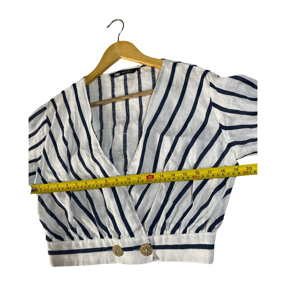 Zara Womens Navy Blue White Striped Linen Wrap Crop Top Gold Button Size Medium - Picture 5 of 10